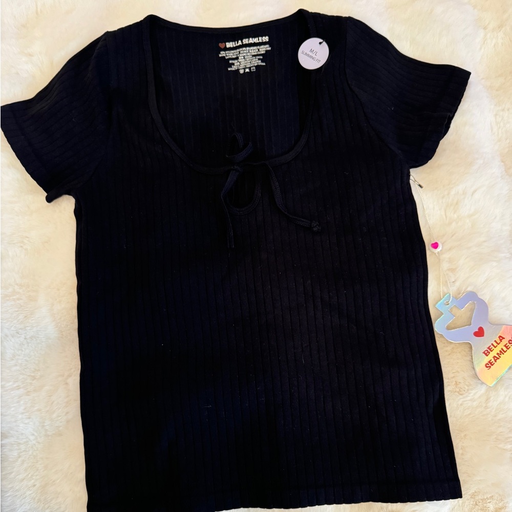 Black Ribbed Short Sleeve Top